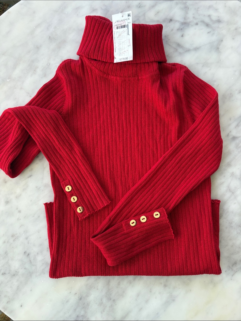 J. McLaughlin Red Ribbed Turtleneck Sweater with Gold Buttons NWT